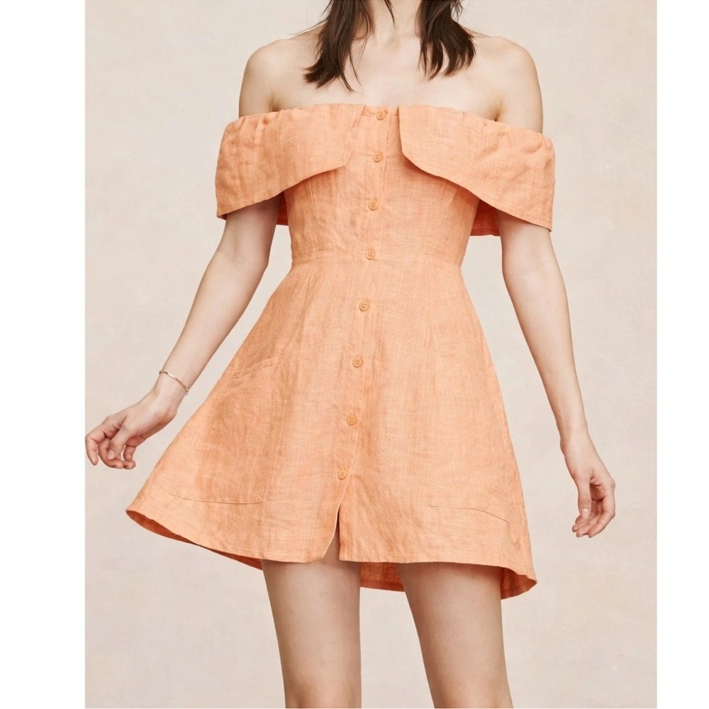 Reformation Landy Linen Off-Shoulder Button-Front Mini Dress